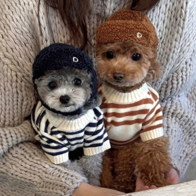 Winter Warm Dog Sweater Soft Dog Knitted Clothes Bear Print Puppy Pullover Luxury Striped Cat Sweater Pet Turtleneck Dog Outfits
