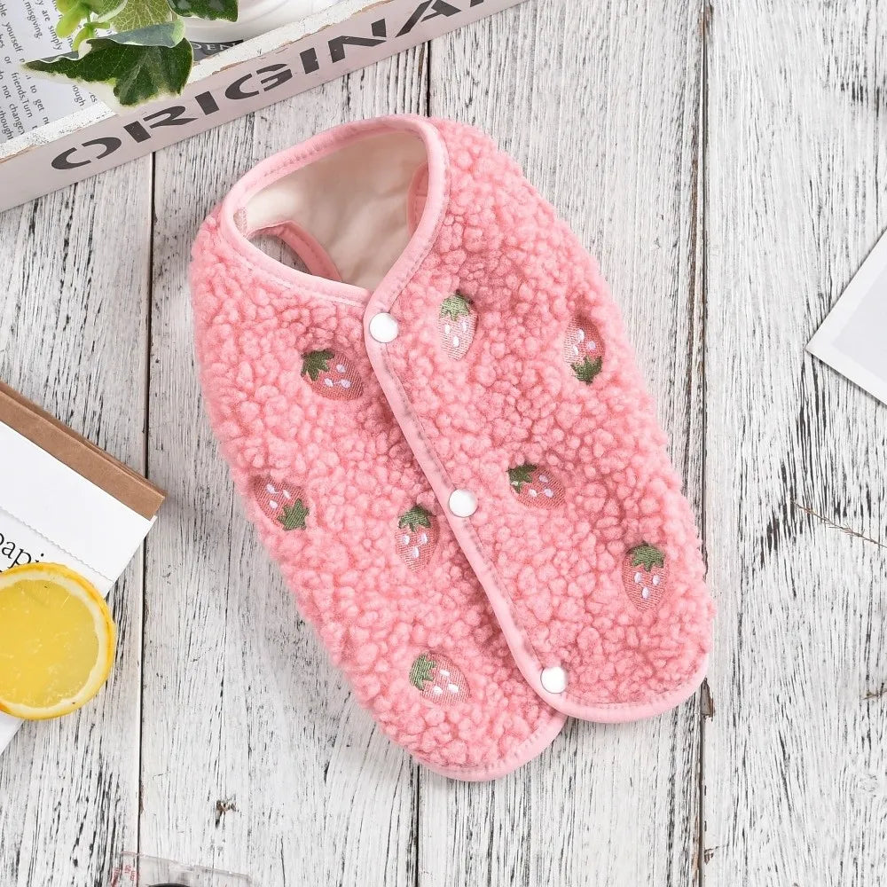 Fashion Bear Strawberry Embroidered Puppy Clothes Cold Proof Soft Warm Vest Windproof Pet Vest Autumn Winter