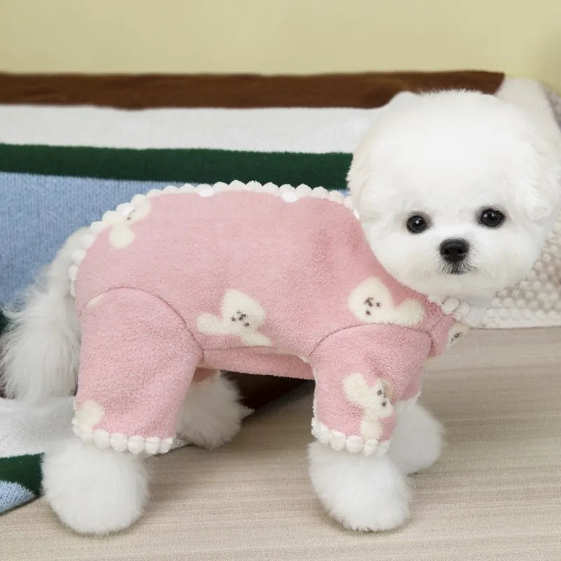 Fleece Dog Pajamas Cute Bear Rabbit Print Four Legged Dog Clothes Autumn Winter Warm Coat for Dog Cat Chihuahua Pet Jumpsuit