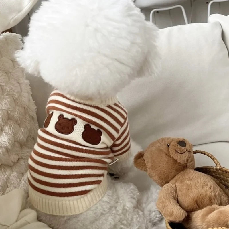 Winter Warm Dog Sweater Soft Dog Knitted Clothes Bear Print Puppy Pullover Luxury Striped Cat Sweater Pet Turtleneck Dog Outfits