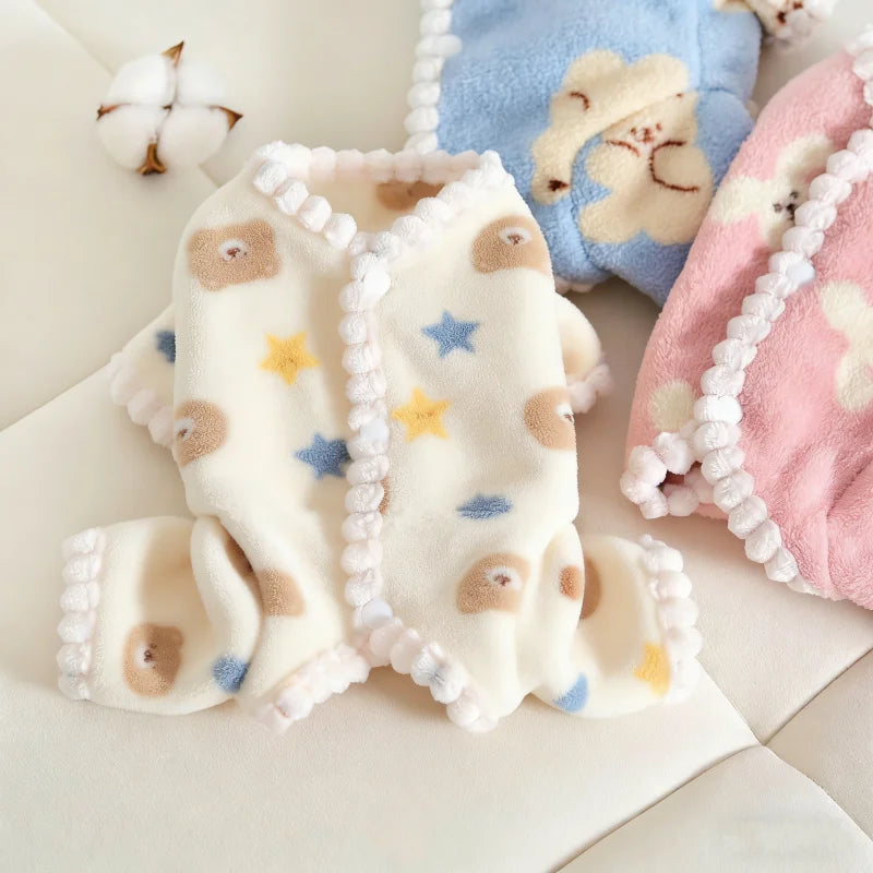 Fleece Dog Pajamas Cute Bear Rabbit Print Four Legged Dog Clothes Autumn Winter Warm Coat for Dog Cat Chihuahua Pet Jumpsuit